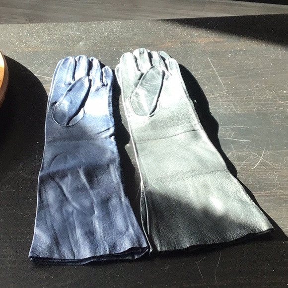 Navy blue leather Long gloves 6 1/2 vintage - Picture 7 of 7